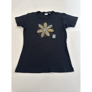 Vintage Women’s Yaga Patch Flower Tee Small Rare Fitted Tee Shirt Black Cotton